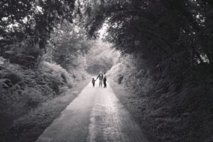 3 personnes dont un enfant sur un chemin au milieu de la forêt